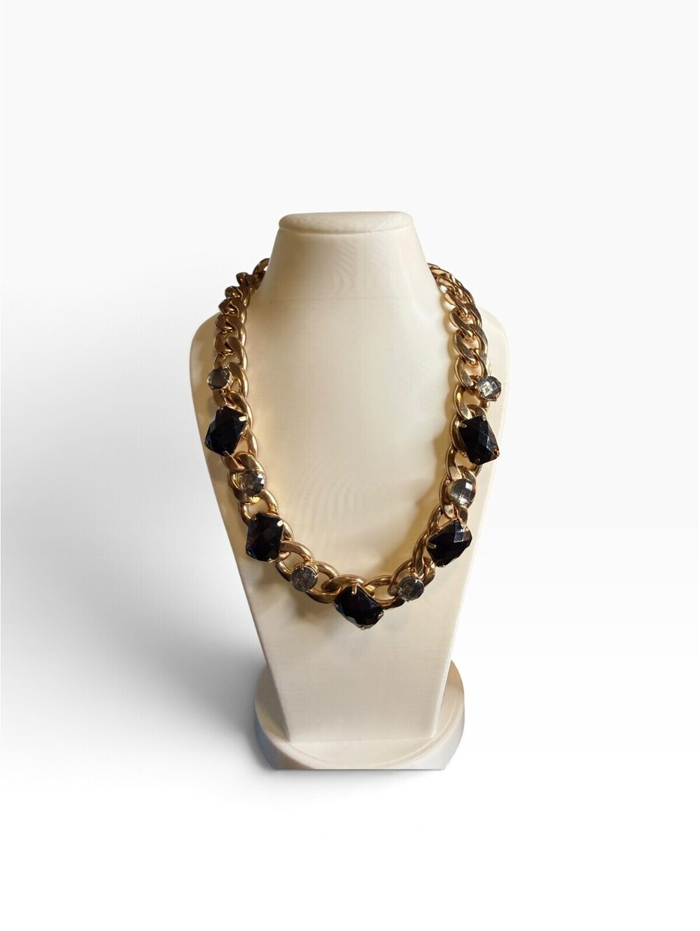 Chunky Gold Tone Curb Chain Necklace Black Smoky Faceted Stones Statement